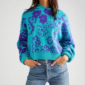 NWT Free People Cashmere Flower Hoodie Blue